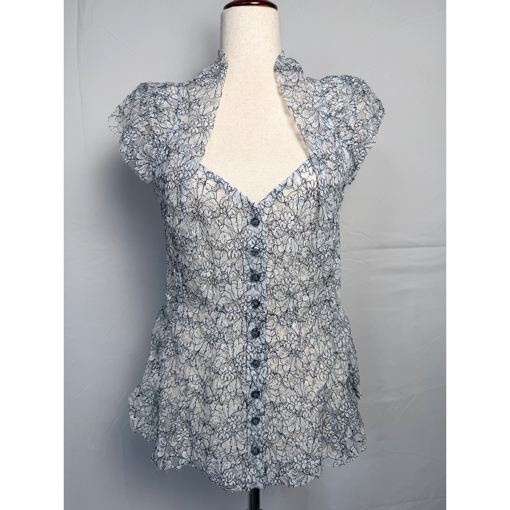 Black and white Floral Lace Button Peplum Blouse Cap Sleeve, romantic Victorian,